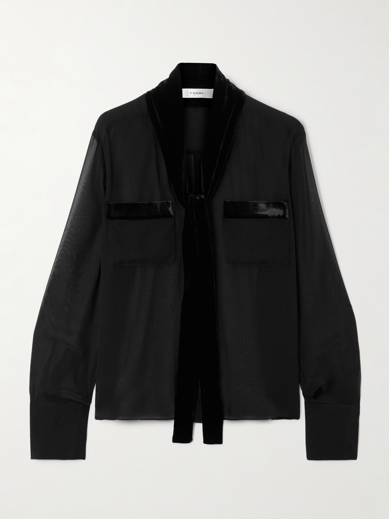 FRAME - Pussy-bow Velvet-trimmed Silk-chiffon Blouse - Black | NET-A-PORTER (US)