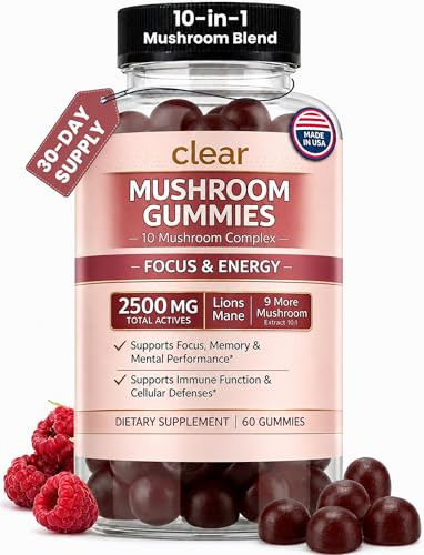 Mushroom Gummies for Focus & Energy - 2500mg, 60 Lion's Mane Gummies for Adults with Turkey Tail, Reishi, Cordyceps & 6 more - 10 in 1 Functional Mushroom Supplement for Brain, Immunity & Mood Support | Amazon (US)