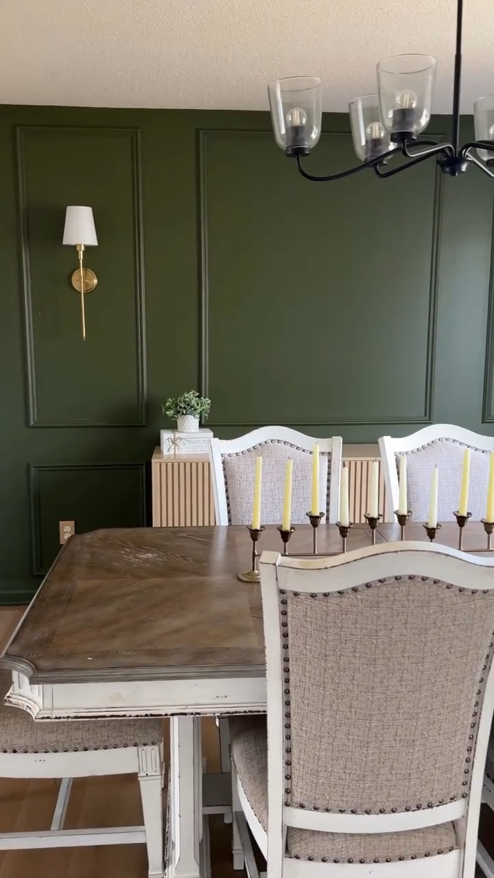 This wall sat blank for months.... 

Every time I walked past it, I thought this space could feel so much cozier.

But I kept putting it off because I assumed it would require some expensive design project.
Turns out... it didn’t.

Just a little trim, some paint, and a couple sconces later and this dining room finally feels like it has character.

Slowly but surely we’re turning this house into a home
What project should I tackle next?
Comment SHOP below to receive a DM with the link to this post on my LTK • https://liketk.it/5YEaP
#makingahouseahome #budgetfriendlyhome #cozyhome #diyhomeprojects #homeonabudget