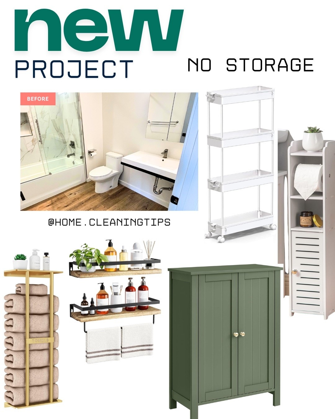 If I was organizing your bathroom with no storage here is what I would do :

1. Utilize wall space, using racks to store towels is easy and effective. 
2. Add furniture to add space, there are many pieces of furniture that will work in a small bathroom space 
3. Use rolling carts , store your daily needs in a narrow rolling cart 
4. Above the toilet space , you don’t need anything big just more space . 

See the products I used on this project to expand my space . 

#LTKHome #LTKSaleAlert