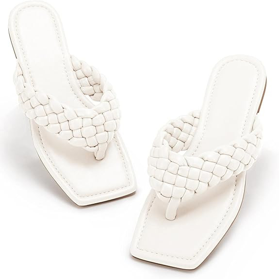 PiePieBuy Womens Slip On Sandal Square Open Toe Flip-Flop Braided Strap Low Heel Flat Shoes | Amazon (US)