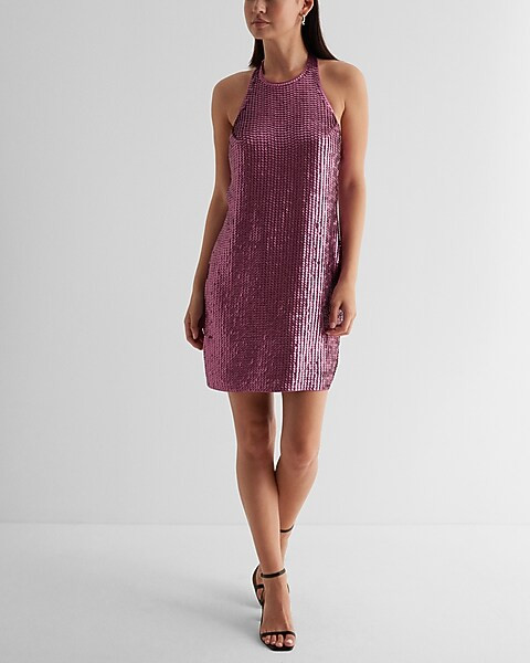 Sequin Halter Neck Open Back Mini Shift Dress | Express
