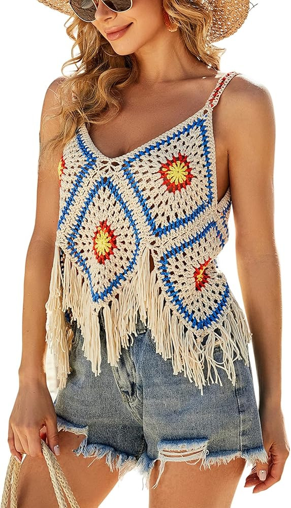 Gihuo Womens Crochet Knit Vest Fringe Hem Sleeveless Tassels Vest Floral Embroidery Knitted Boho ... | Amazon (US)