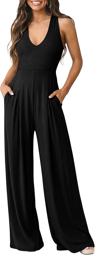 ANRABESS Jumpsuits for Women Summer Sleeveless Halter Wide Leg Deep V Flowy Rib Dressy Causal One... | Amazon (US)