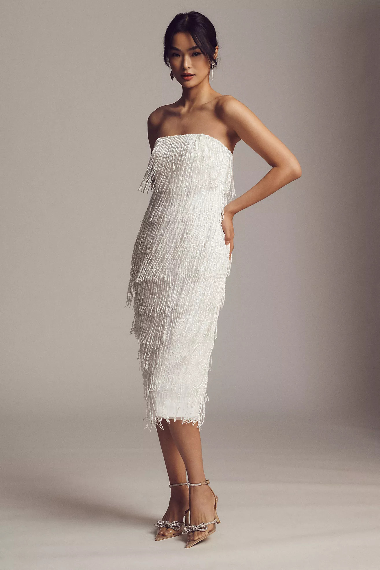 BHLDN Arabella Strapless Sequin Fringe Midi Dress | Anthropologie (US)