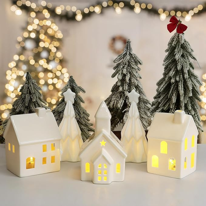 5Pcs White Ceramic Christmas Village Houses, Porcelain Light Up Christmas Village, 3 Village Figu... | Amazon (US)