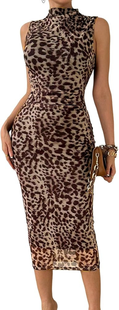 Milumia Women's Leopard Print Bodycon Midi Dress Mesh Sleevelss Mock Neck Long Dress | Amazon (US)