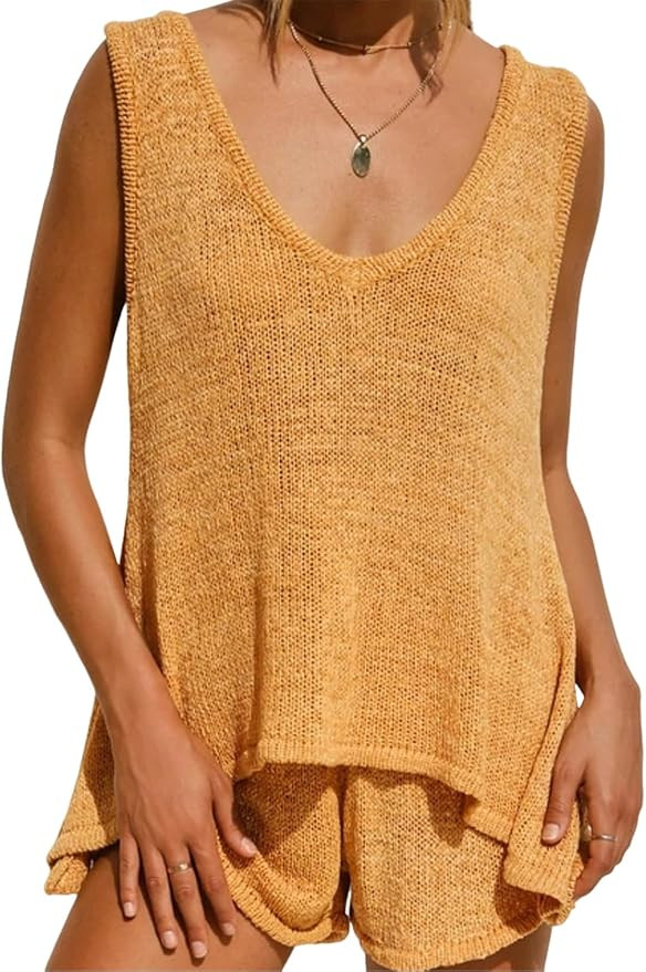 2 Piece Outfits For Women Summer Fashion Knit V Neck Sleeveless Tank Top and Drawstring Shorts Lo... | Amazon (US)
