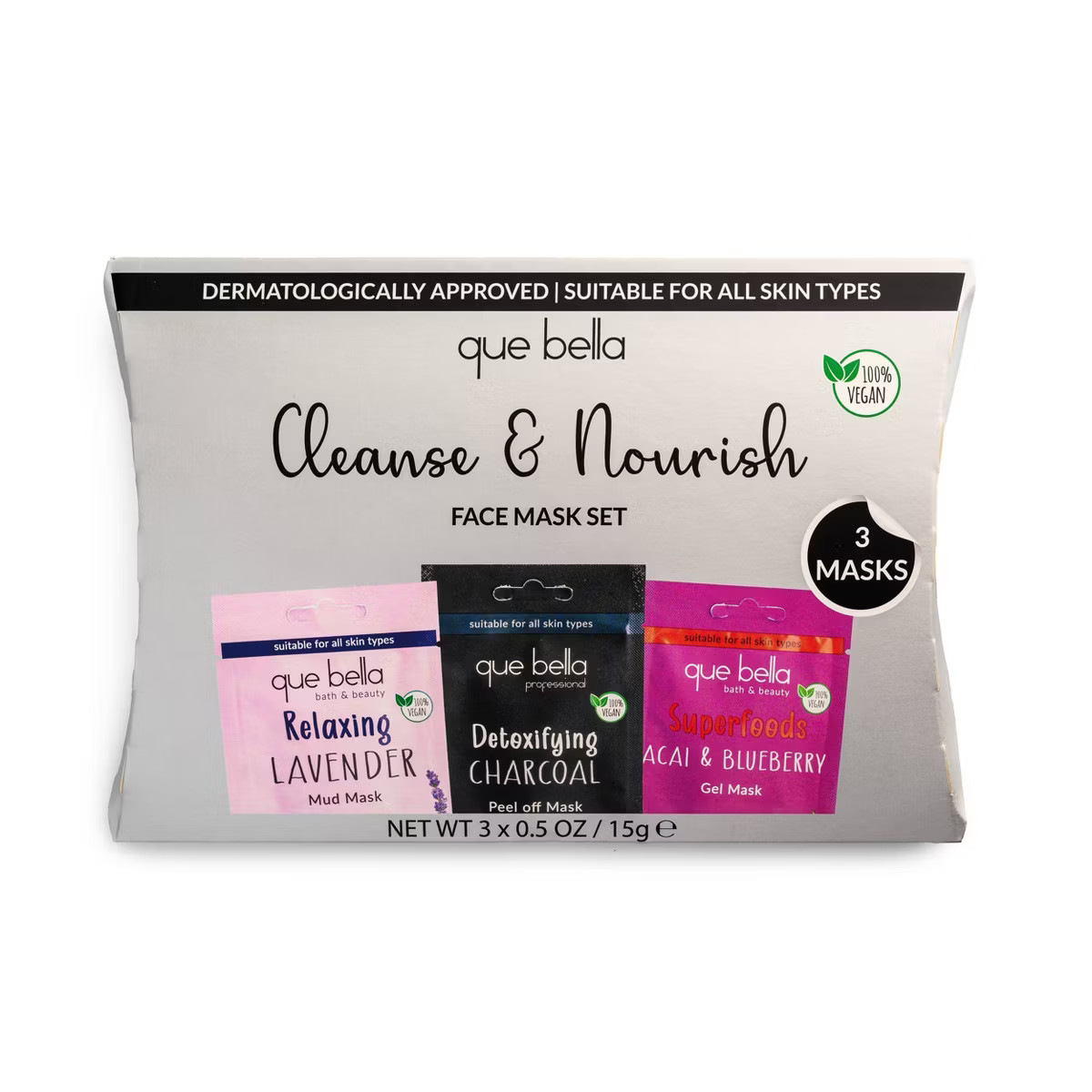 Que Bella Holiday Cleanse and Nourish Pamper Pouch Cleansing Face Mask Gift Set - 1.5 fl oz/3pc | Target
