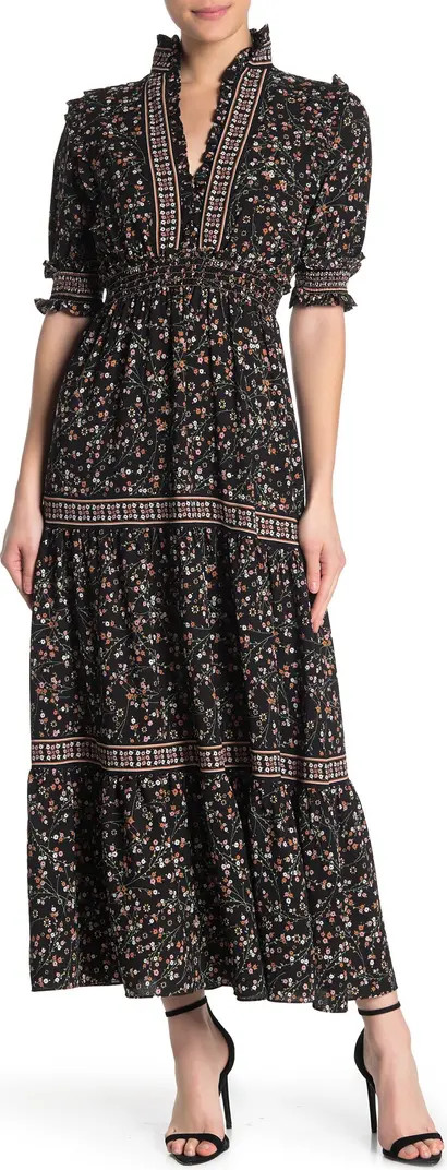 MAX STUDIO Ruffle Collar Print Tiered Maxi Dress | Nordstrom Rack