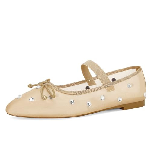 DOEYG Crystal Mesh Ballet Flats for Women Rhinestone Ballerina Flats Shoes Dressy Comfortable Casual Round Toe Slip on Mary Jane Ballet Flats Nude Size 10.5 | Amazon (US)