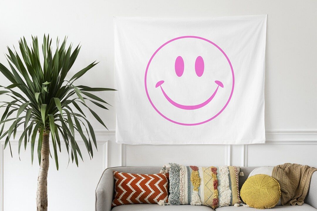 White & Pink Smiley Face Tapestry for Bedroom Apartments and - Etsy | Etsy (US)