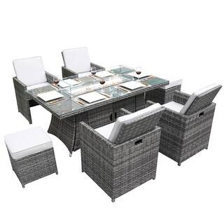Belle Gray 7-Piece Wicker Patio Outdoor Dining Set Gas Fire Pit Set with Gray Cushions | The Home Depot