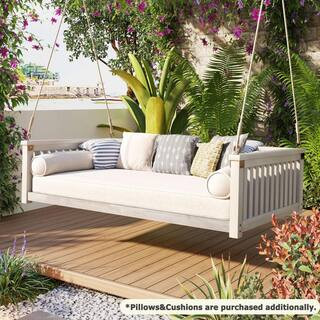 White Minimalist Twin Size Wood Porch Swing Patio Swing Bed with Ropes for Backyard Garden, Safe Sloped Design | The Home Depot