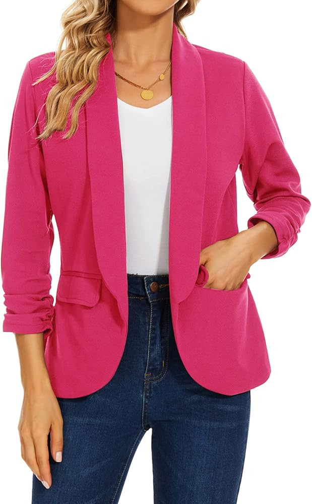 MINTLIMIT Womens Blazer 3/4 Ruched Sleeve Shawl Collar Business Work Blazers Open Front Casual Ja... | Amazon (US)