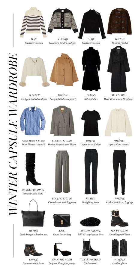 The perfect French capsule wardrobe for the winter season ❄️

Just in time for the winter season, I’ve compiled a list of twenty-four key pieces for winter that will help you achieve that French effortlessly chic style this season.

Tops
* The classic shirt – Marie Marot x J.Crew shirt in Thomas Mason® chambray
* The basic t-shirt – Joseph black cotton-jersey T-shirt

Knitwear & Cardigans
* The cashmere sailor-style sweater – Maje cashmere sailor-style sweater
* The classic coatigan – Sandro oversized printed coatigan
* The black cashmere sweater – Maje cashmere sweater with golden buttons
* The cropped knitted cardigan – Sleeper feather-trimmed knitted cardigan
* The cozy sweater – Totême off-white Alpaca-blend sweater

Jeans, Pants & Dresses
* The knit dress – Cefinn rib-knit wool-blend midi dress
* The wool wide-leg pants – Loulou Studio gray pleated wool wide-leg pants
* The high-rise straight-leg jeans – Khaite black high-rise straight-leg jeans
* The black leggings – Totême stretch-jersey leggings

Outerwear
* The shearling jacket – Totême brown leather-trimmed shearling jacket
* The beige wool jacket – Totême camel scarf-detailed wool jacket
* The cashmere coat – Max Mara black Manuela belted camel hair coat
* The wool blazer – Loulou Studio gray oversized double-breasted wool blazer 

Shoes
* The knee-high boots – Manolo Blahnik suede knee boots
* The shearling-lined boots – See by Chloé shearling-lined leather combat boots
* The ankle boots – Chloé studded leather ankle boots 
* The Mary Jane pumps – Gianvito Rossi velvet platform Mary Jane pumps
* The Chelsea boots – Gianvito Rossi crystal-embellished leather Chelsea boots

Bags & Accessories
* The black leather workbag – Métier Incognito small leather tote
* The leather crossbody bag – A.P.C. Grace crocodile-embossed bag
* The beret hat – Maison Michel black Billy fil coupé velvet beret
* The leather gloves – Agnelle black stud-embellished leather gloves


#LTKFind #LTKSeasonal #LTKstyletip