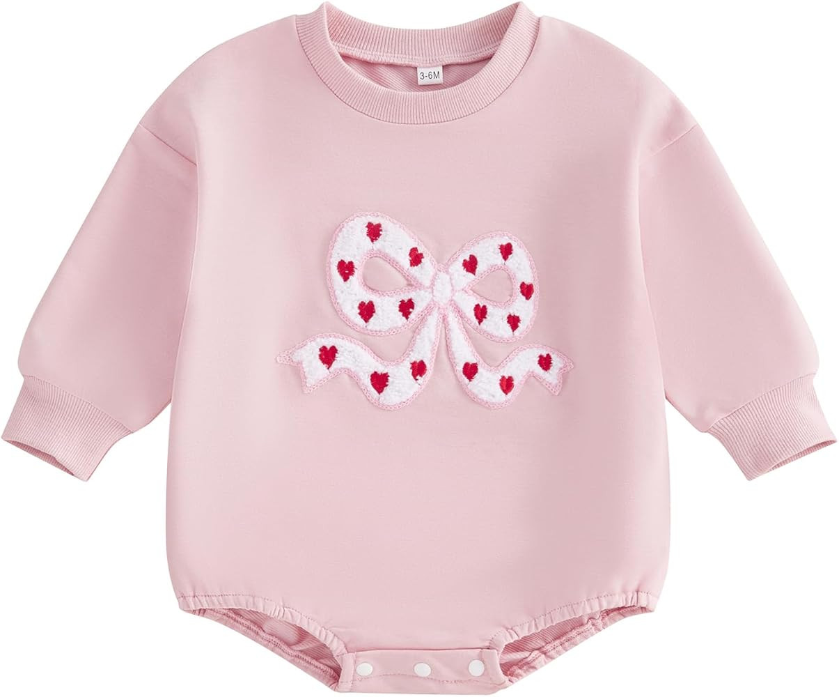 FIOMVA Valentines Baby Girl Outfit Infant Heart Bow Bubble Romper Sweatshirt Newborn Bodysuit Top... | Amazon (US)