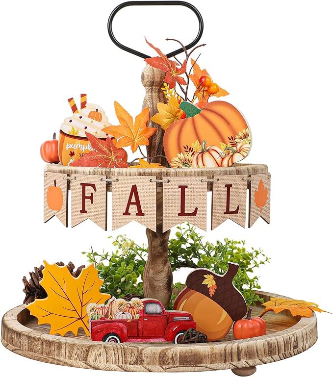 Fall Tiered Tray Decor Pumpkin Maple Leaves Wooden Tabletop Signs Happy Fall Wood Block Autumn Tr... | Amazon (US)