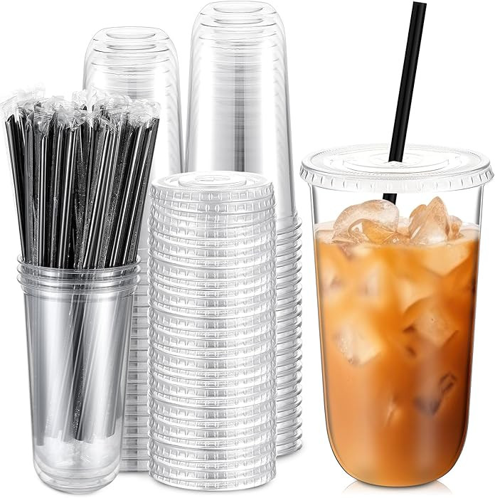 100 Set 20 oz Clear Plastic Cups with Lids and Straws, Disposable Iced Coffee PET Cups for Drinki... | Amazon (US)
