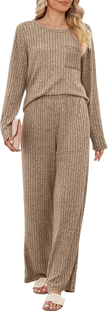 Gihuo Womens Pajama Sets Ribbed Knit Long Sleeve Pj Set Matching Outfits Loungewear 2 Piece Loung... | Amazon (US)