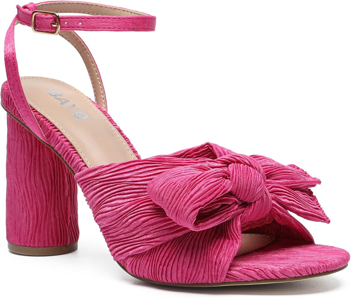Amazon.com: Chunky Heeled Sandals For Women - Pleated Bowknot Open Toe Ankle Strap Block Heel San... | Amazon (US)