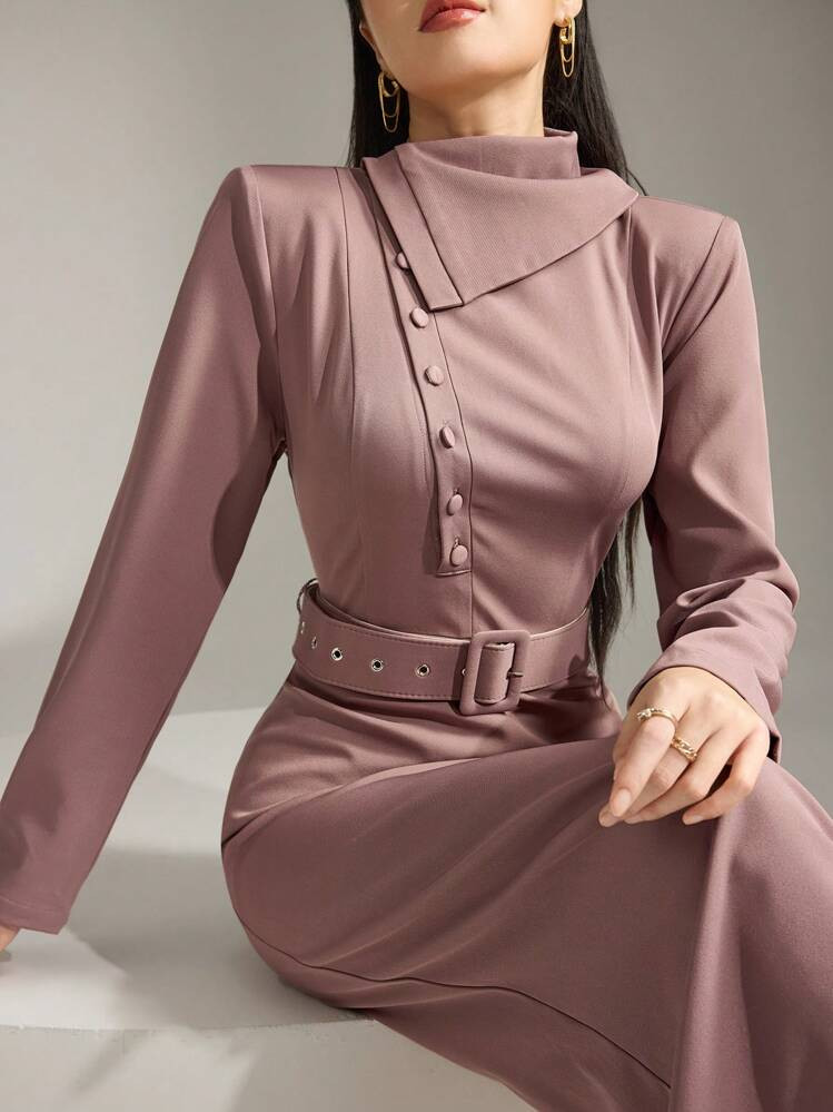 Heiryn Women Elegant Solid Asymmetrical Neck Office Wear Dress, Autumn | SHEIN