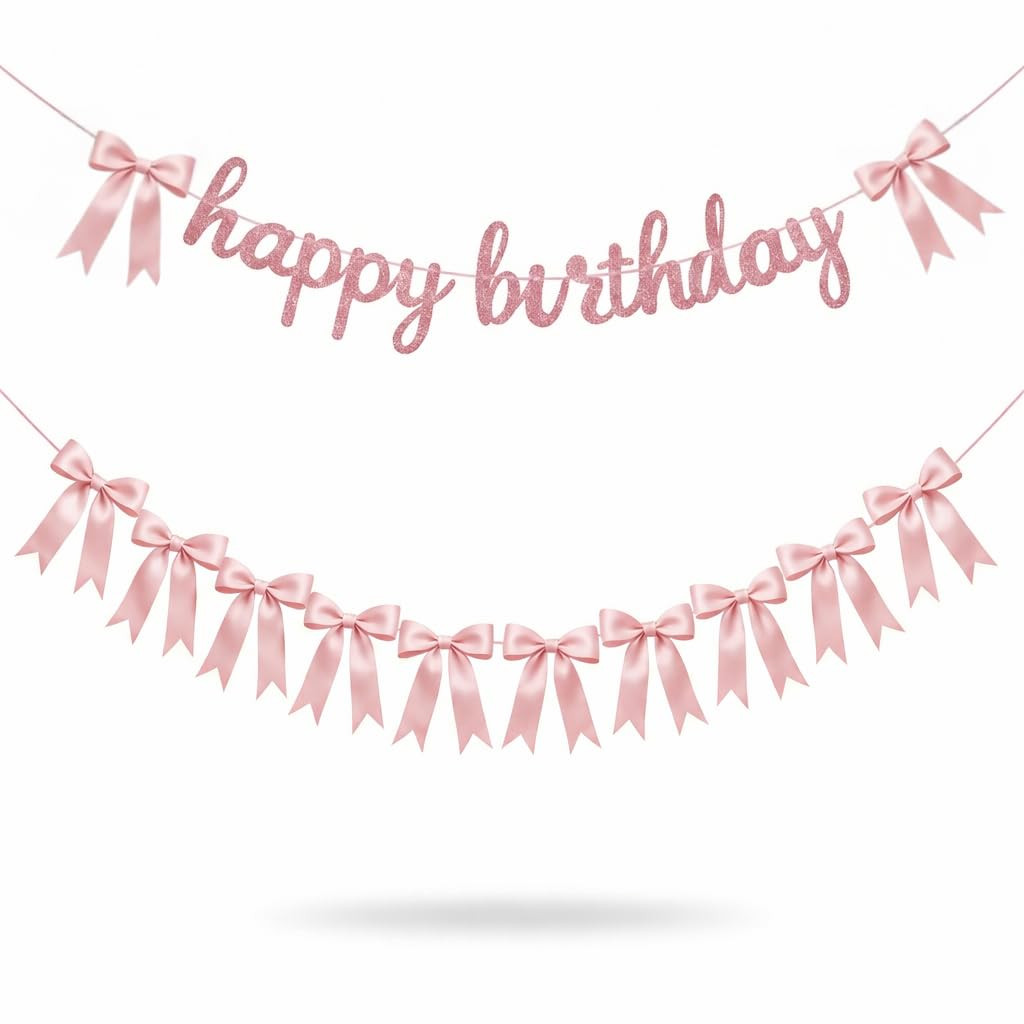 2 Strings Pink Bow Birthday Decorations, Pre-Strung Coquette Satin Ribbon Garland Banner for Baby... | Amazon (US)