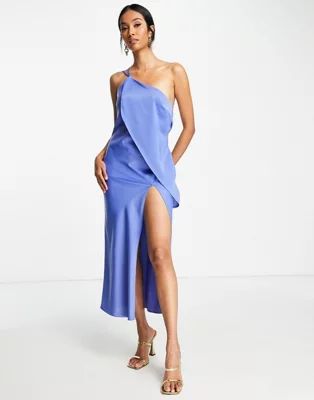 ASOS DESIGN asymmetric overlay midi dress with front slit in blue satin | ASOS | ASOS (Global)