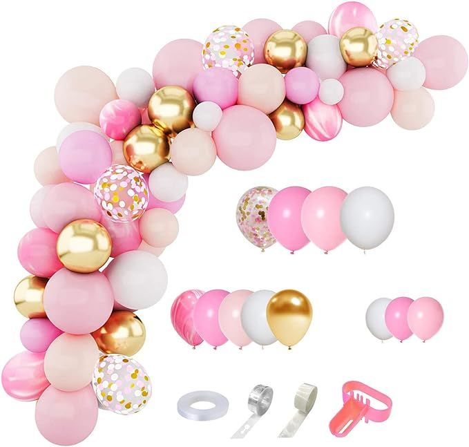 Amandir 144Pcs Pink Balloons Garland Arch Kit Light Pink Gold White Balloons Confetti Latex Metal... | Amazon (US)