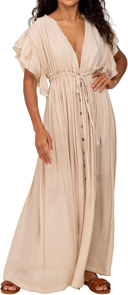 R.Vivimos Maxi Dresses for Women 2025 Summer Short Sleeve V Neck Drawstring Tie Boho Loose Flowy ... | Amazon (US)