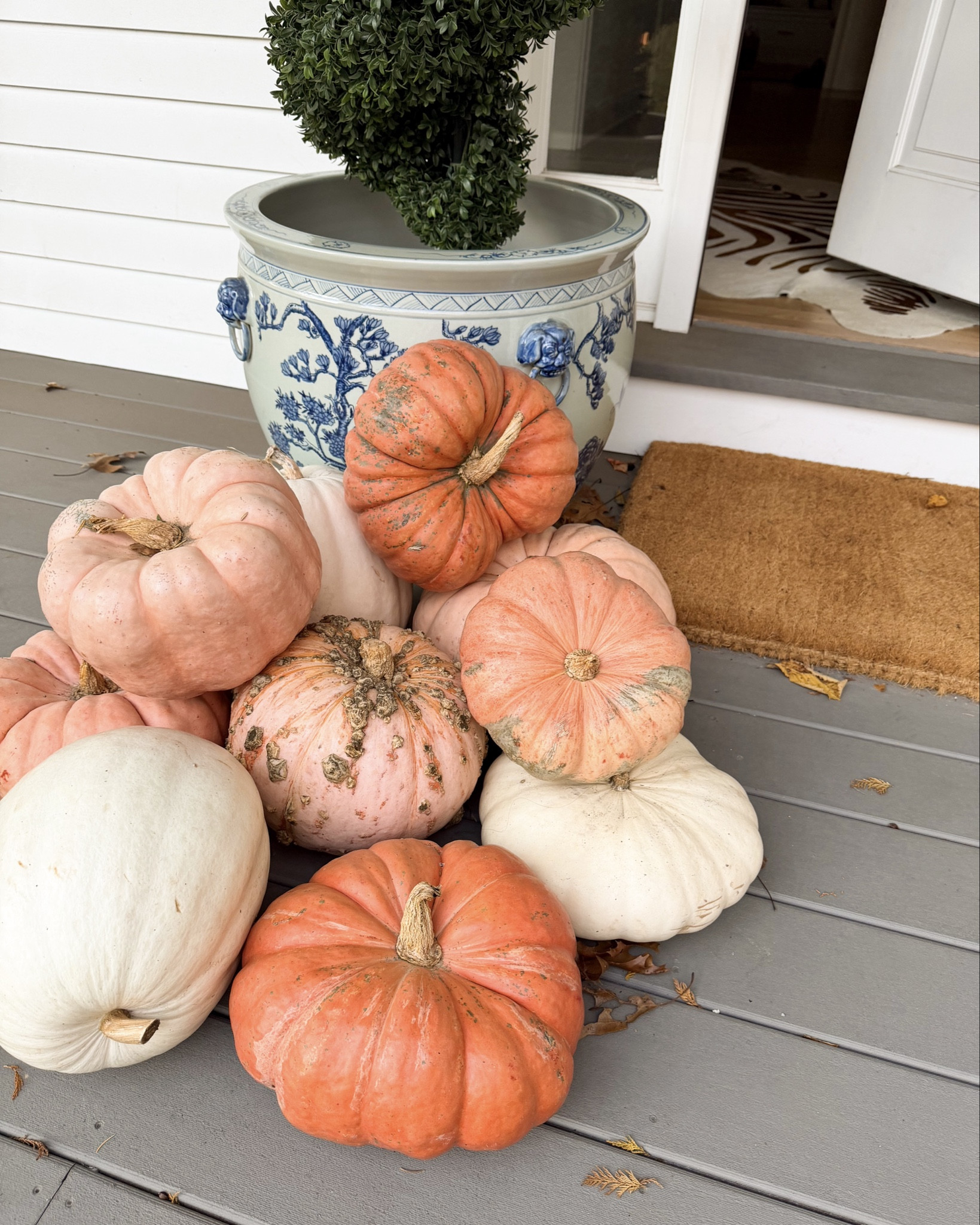 Blue and white planters, front door decor, door mat. 

#LTKSeasonal #LTKHome #LTKHoliday