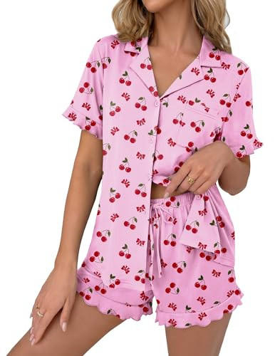 Ekouaer Pajamas Set for Women Button Down Pjs Lounge Sets Ruffle Short Sleeve Sleepwear Cute Loungewear,Pink Cherry,Medium | Amazon (US)
