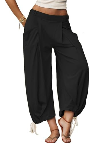 STURWBEZ Womens Baggy Wide Leg Pants Cotton Loose Elastic Waisted Lounge Harem Beach Palazzo Trousers with Pockets(Black-XXL) | Amazon (US)