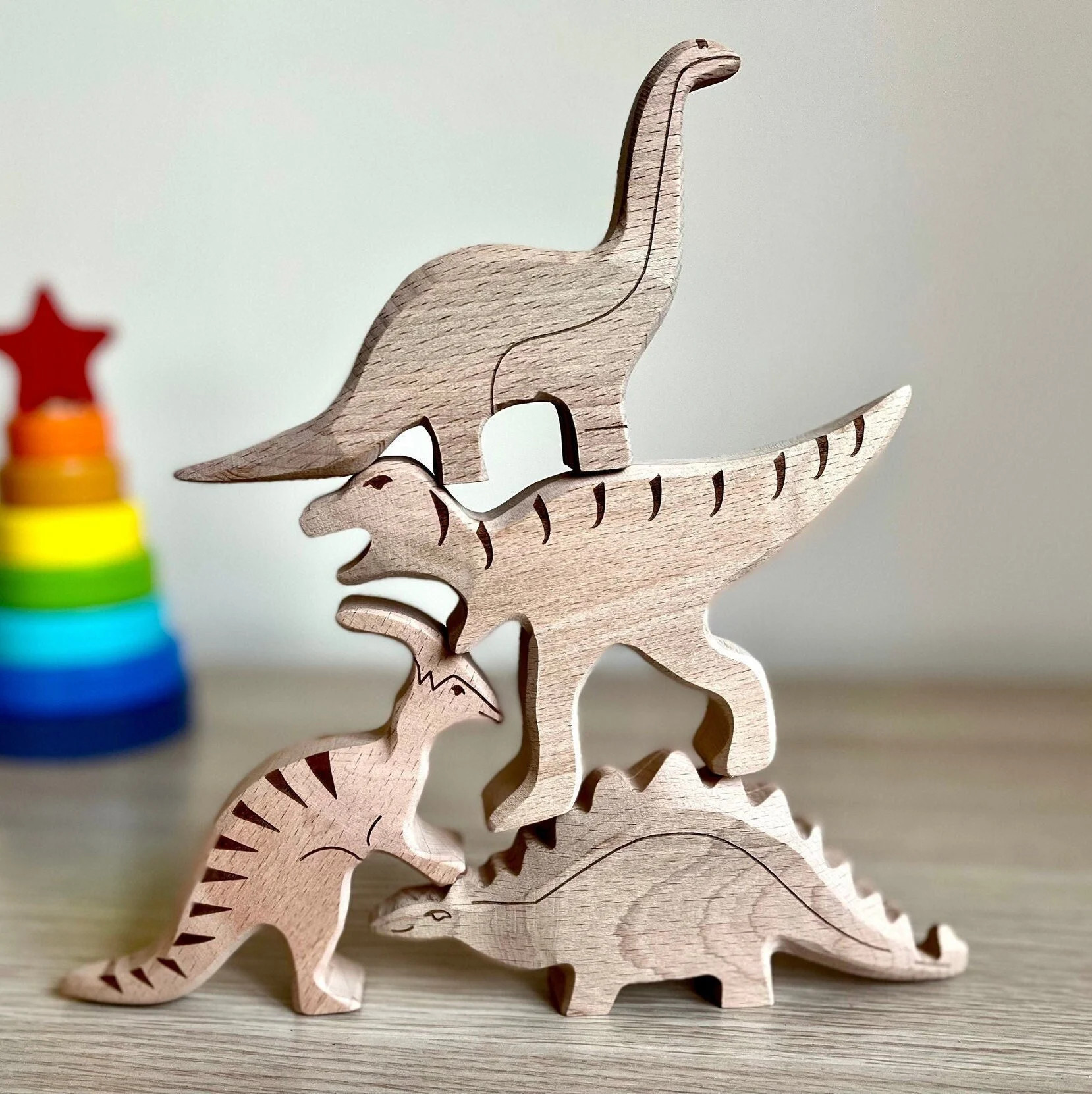 Wooden Dinosaur Toys Set for Toddlers - Eco-Friendly Baby Gift - Montessori Building Toys | Etsy (Global)