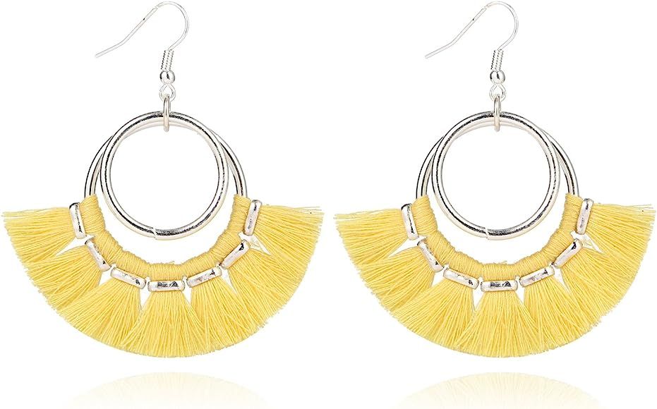 Tassel Hoop Earrings Fringe Drop Gold Tone Circle Tiered Earrings for Women Girls | Amazon (US)