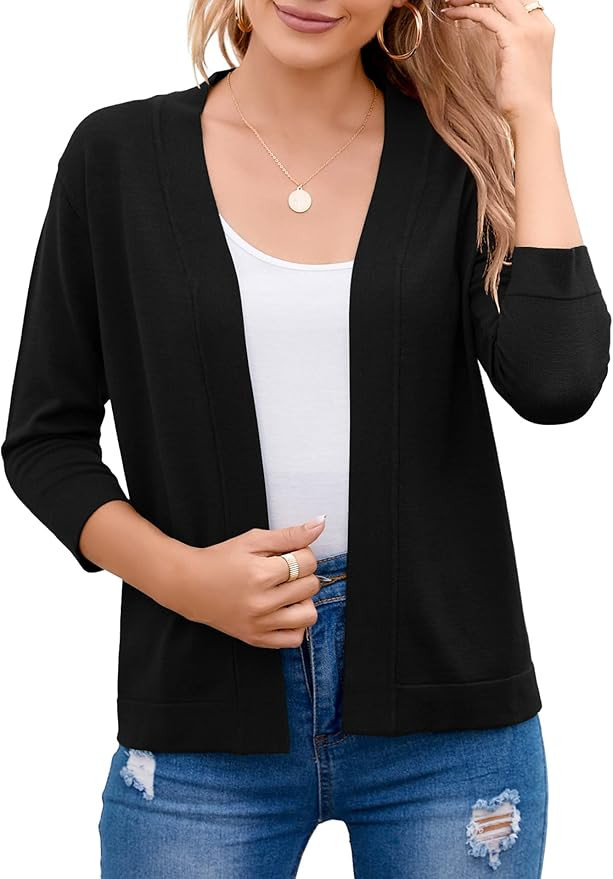 Women's 3/4 Sleeve Open Front Cropped Cardigan Sweater Elegant Shrugs for Women | Amazon (US)
