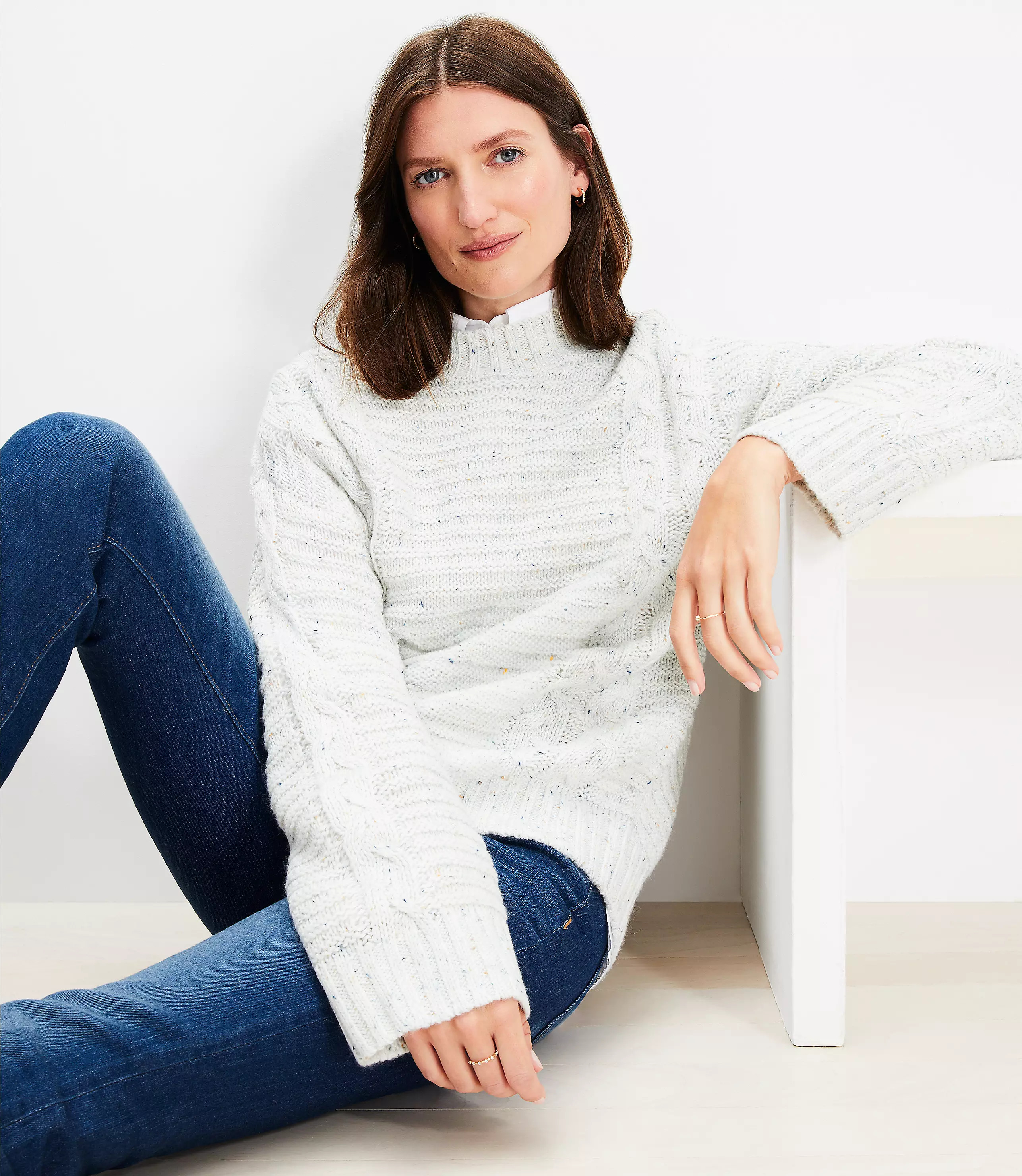 Flecked Cable Linked Mock Neck Tunic Sweater | LOFT