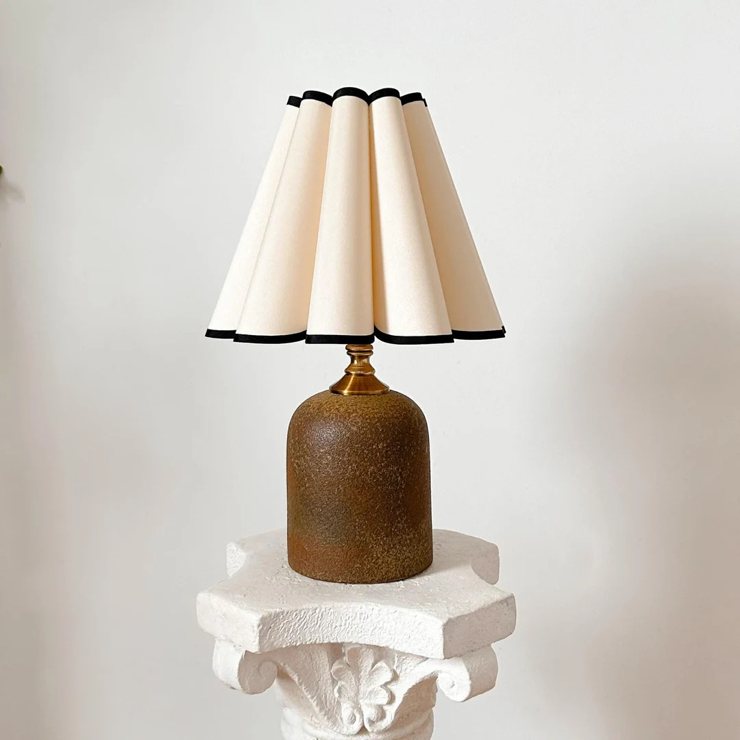 Handmade Vintage Brown Stoneware Table Lamp 110-240v, Pleated Scallop Tall Beige Petal Shade, Bed... | Etsy (US)