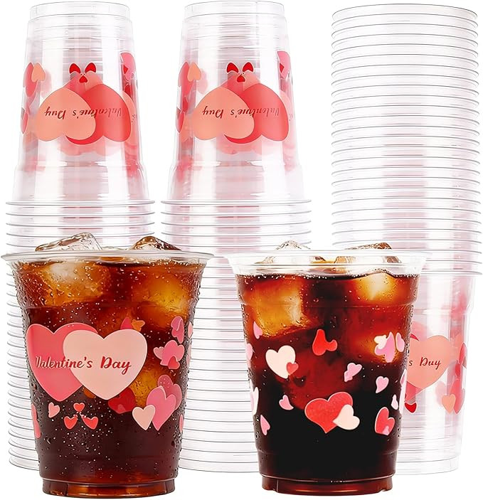 DEALIGHT 50 Pcs 12oz Valentine's Day Plastic Cups Clear Disposable Cups with Pink Hearts | Valent... | Amazon (US)