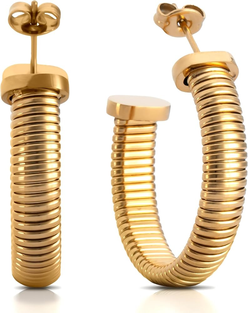 14K Gold Plated Hoop Earrings for Women Stainless Steel Silver Earrings Hoops Snake Bone Earrings... | Amazon (US)