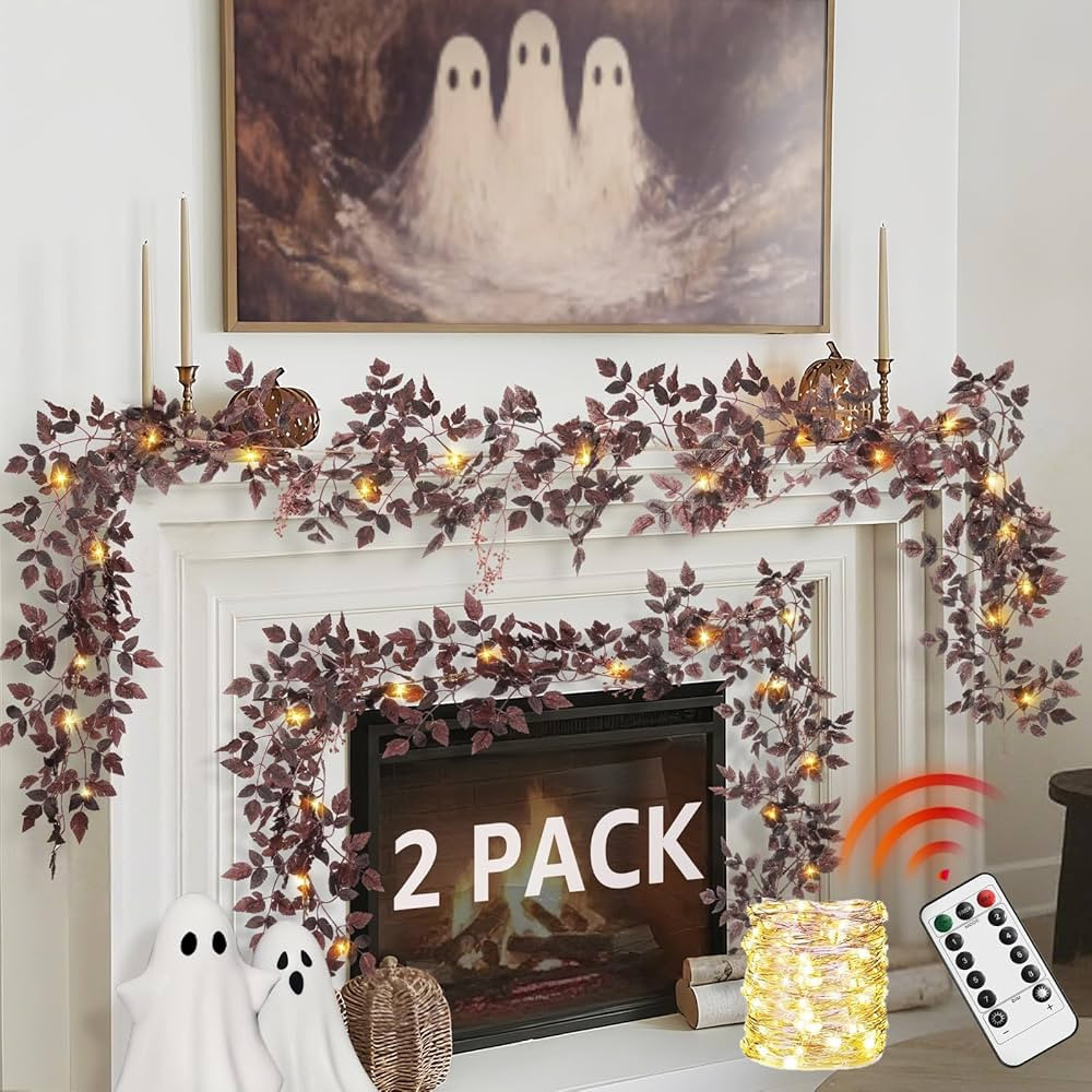 Neutral Fall Garland for Mantle - 2 Pack 9Ft Plum Cimicifuga Seeded Leaf Garlands Purple Autumn D... | Amazon (US)