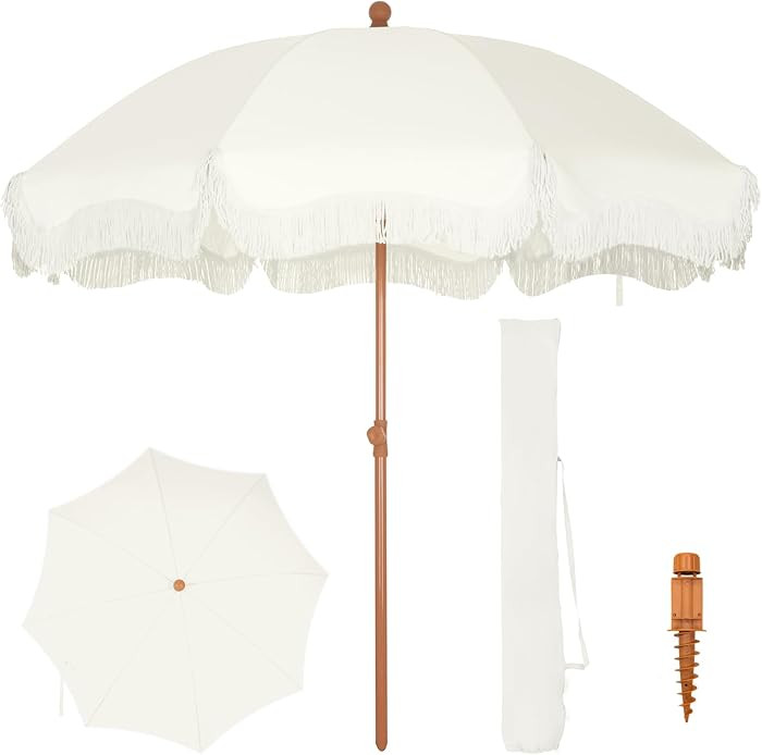 PHI VILLA 7ft Fringe Beach Umbrella White with Sand Anchor, Outdoor Patio White Portable Beach Um... | Amazon (US)