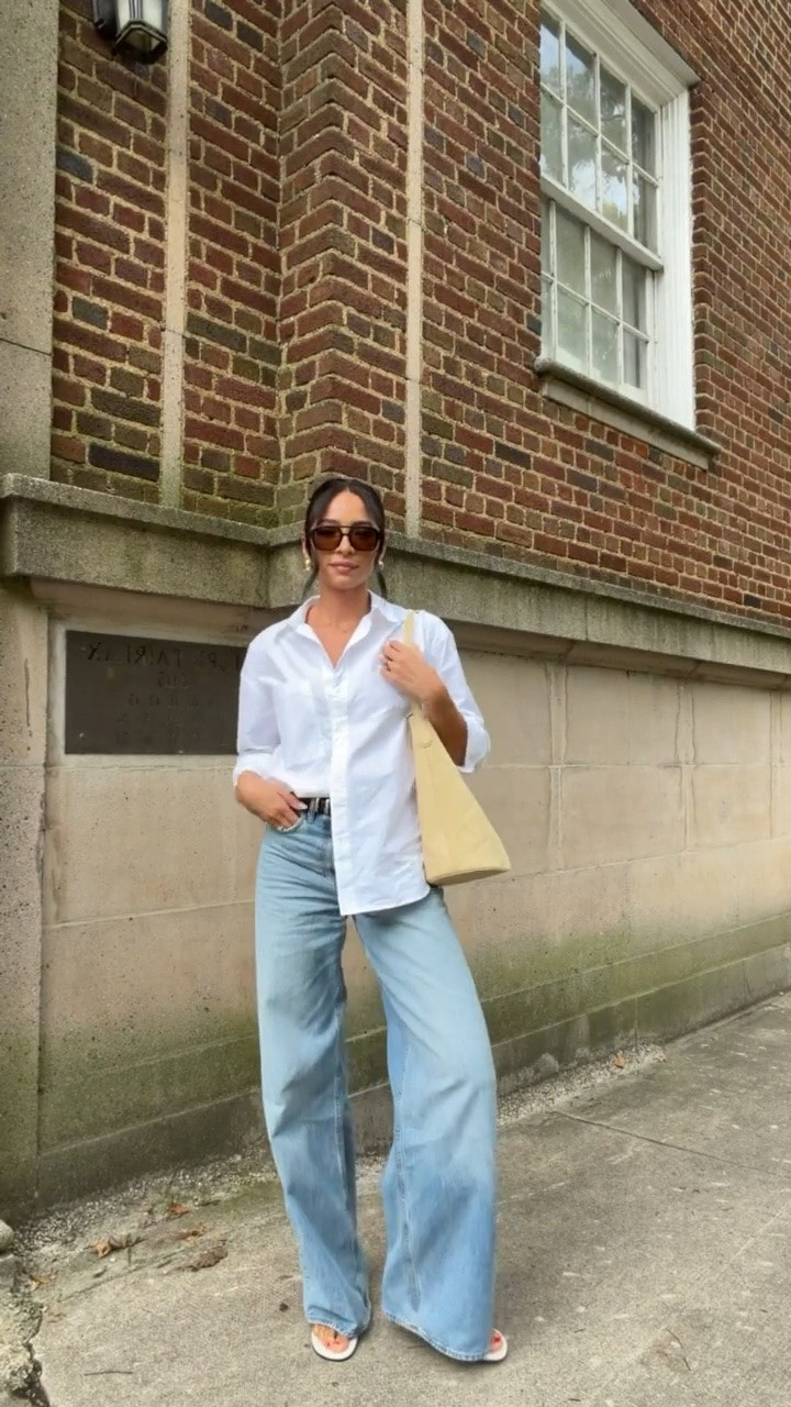 These jeans look designer but at a fraction of the price!! They give legs for DAYS and are under $100!! Wearing size S white button up shirt and size 27 X long high rise wide leg jeans (medium wash) 

fall outfit, fall fashion, autumn outfits, abercrombie jeans, abercrombie denim, date night outfit, dinner outfit,