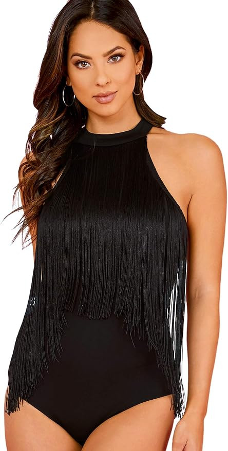 Verdusa Women's Fringe Trim Sleeveless Bodycon Halter Bodysuit Top | Amazon (US)