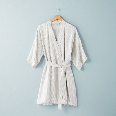 Women's Ticking Stripe Linen Blend Robe Cream/Gray - Hearth & Hand™ with Magnolia | Target