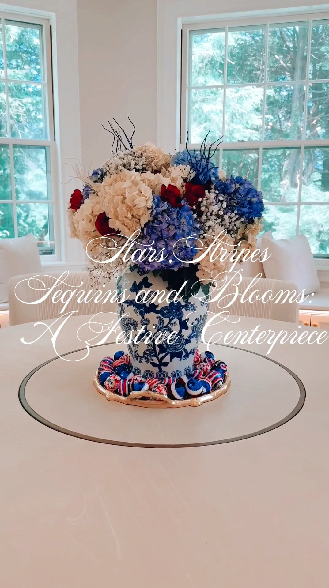 The 4th of July is just around the corner, and my home decor and projects are bursting with patriotic charm! I’ve whipped up a centerpiece for my kitchen table that's an absolute showstopper. And the best part? I used flowers from my very own garden. Can you think of anything more satisfying?
For the vase, I went with a large white and blue Chinese ginger jar—so classic! To give it that festive pop, I added blue, white, and red glitter picks, which really jazz up the floral arrangement. I then placed the whole setup on a mirrored tray, sprinkled in some USA flag-themed sequin baubles, and voila! Instant magic.
So, how are you decorating your home for the 4th of July? I’d love to hear all about your fabulous ideas in the comments! Until next time, stay sparkly and fabulous! 💫

#LTKSeasonal #LTKVideo #LTKHome