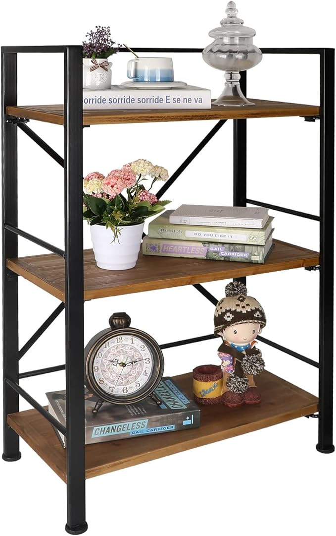 Rustic Bookshelf, 3 Tier Real Wood Bookshelf, Metal Book Shelf for Storage, Black Bookcase, 12.6"... | Amazon (US)