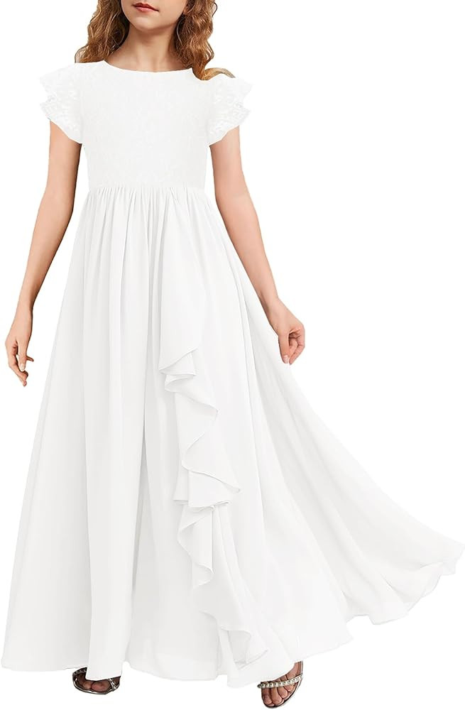 MITILLY Girls Lace Flower Maxi Dress Ruffle Sleeve A-Line Flowy Junior Bridesmaid Chiffon Dresses... | Amazon (US)