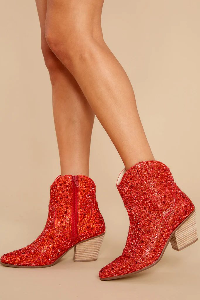 Harlow Red Rhinestone Western Ankle Boots | Red Dress 