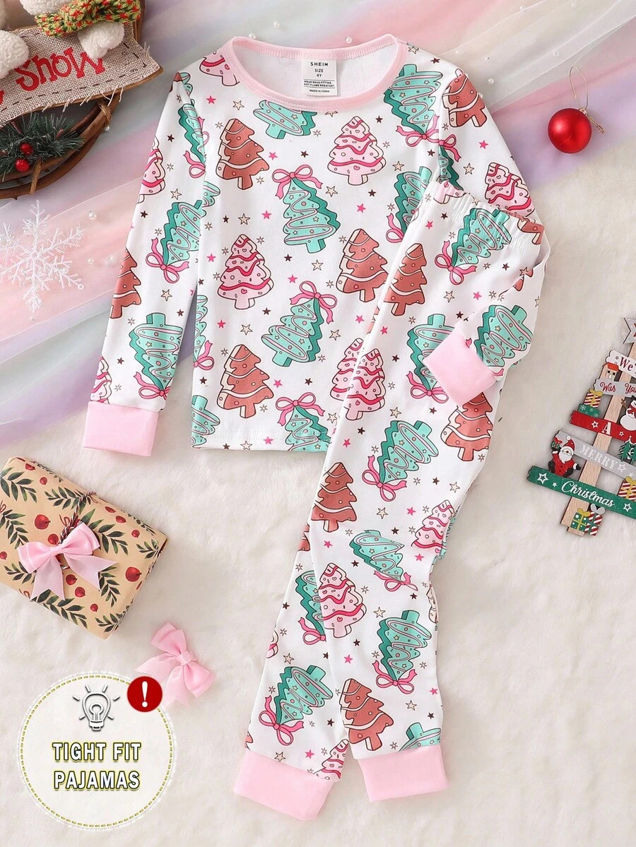 2pcs/Set Girls Christmas Tree Print Long Sleeve Snug Fit Pajamas, Simple & Fashionable, Pink Base... | SHEIN